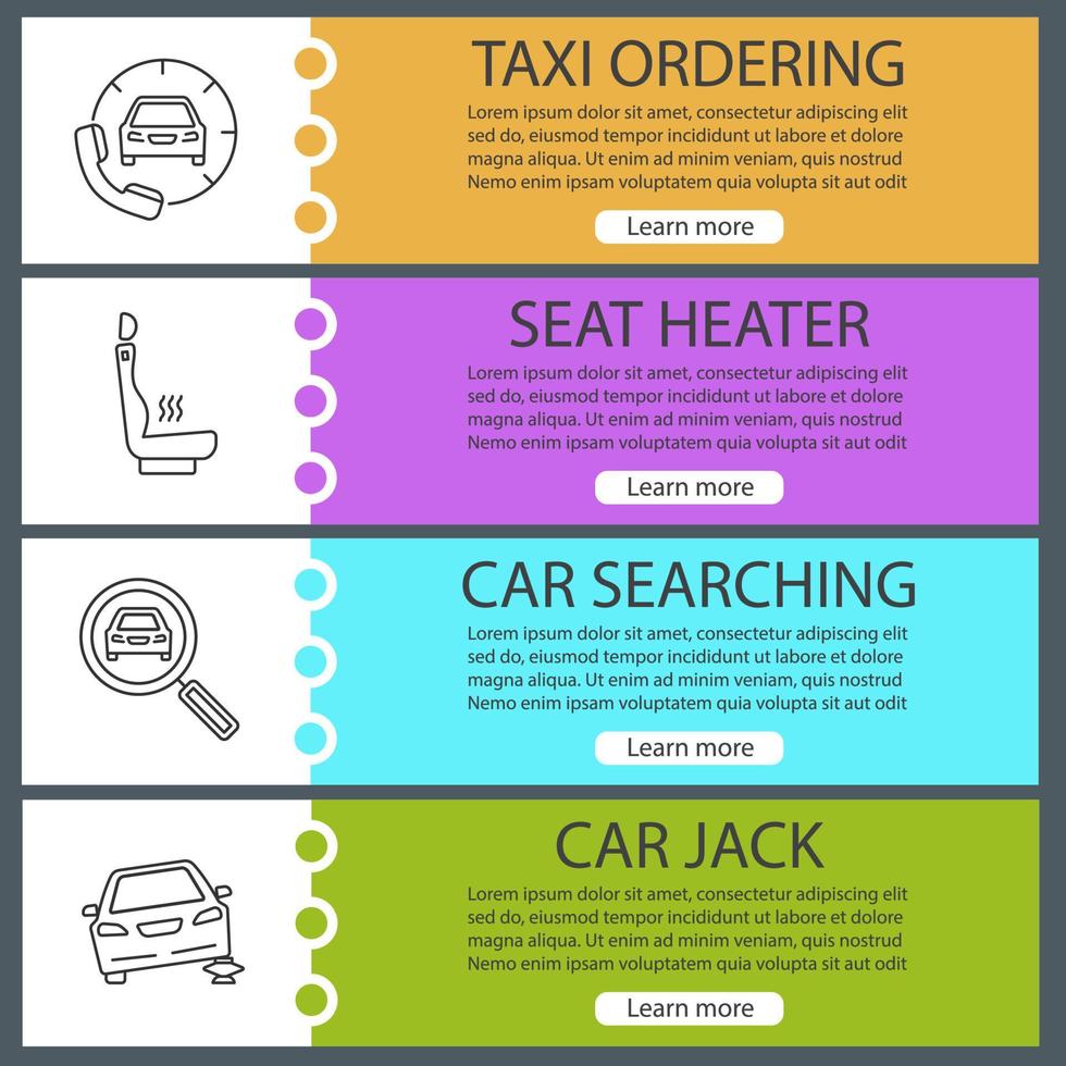 auto workshop webbanner sjablonen set. taxi bestellen, stoelverwarming, auto zoeken, krik repareren. website kleur menu-items met lineaire pictogrammen. ontwerpconcepten voor vectorkoppen vector