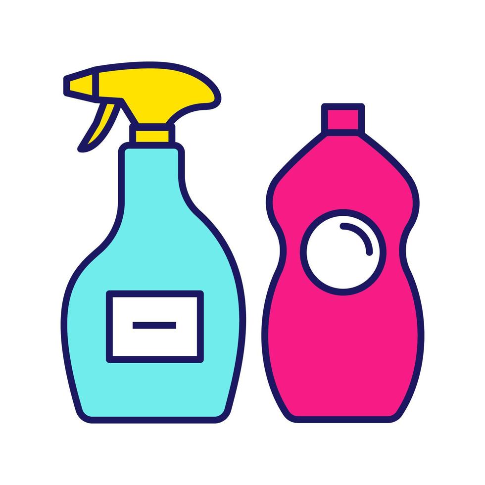 schoonmaak chemicaliën kleur icoon. glazenwasser, afwasmiddel. schoonmaakmiddelen voor badkamer, keuken, toilet. tegel, douchebakreiniger. geïsoleerde vectorillustratie vector