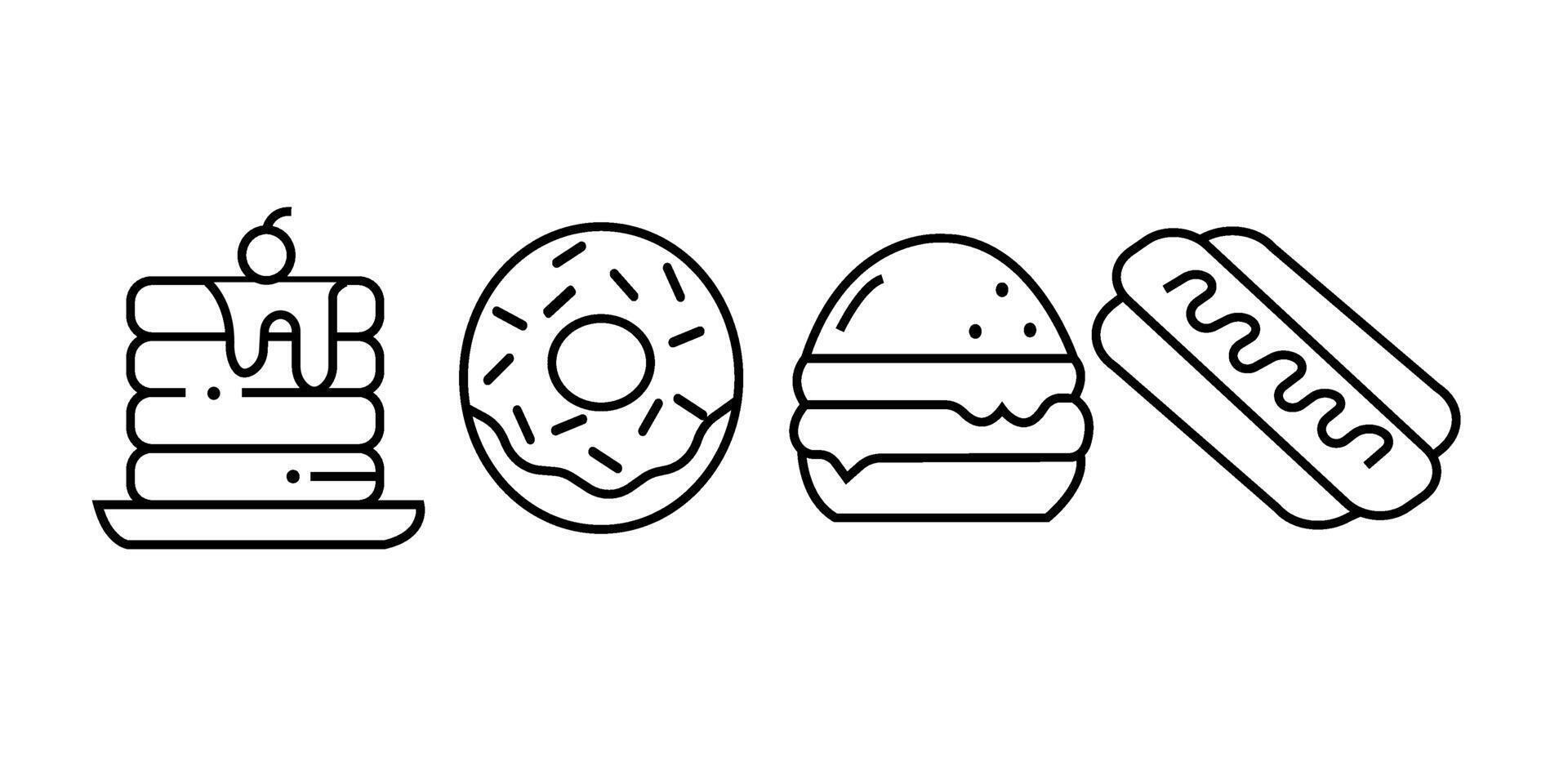 snel voedsel vector lijn pictogrammen set. hamburger, donut, Frans Patat, heet hond, kabab, pizza, ijs room, pizza vector illustraties. dun tekens voor restaurant menu. pixel perfect 64x64. bewerkbare beroertes