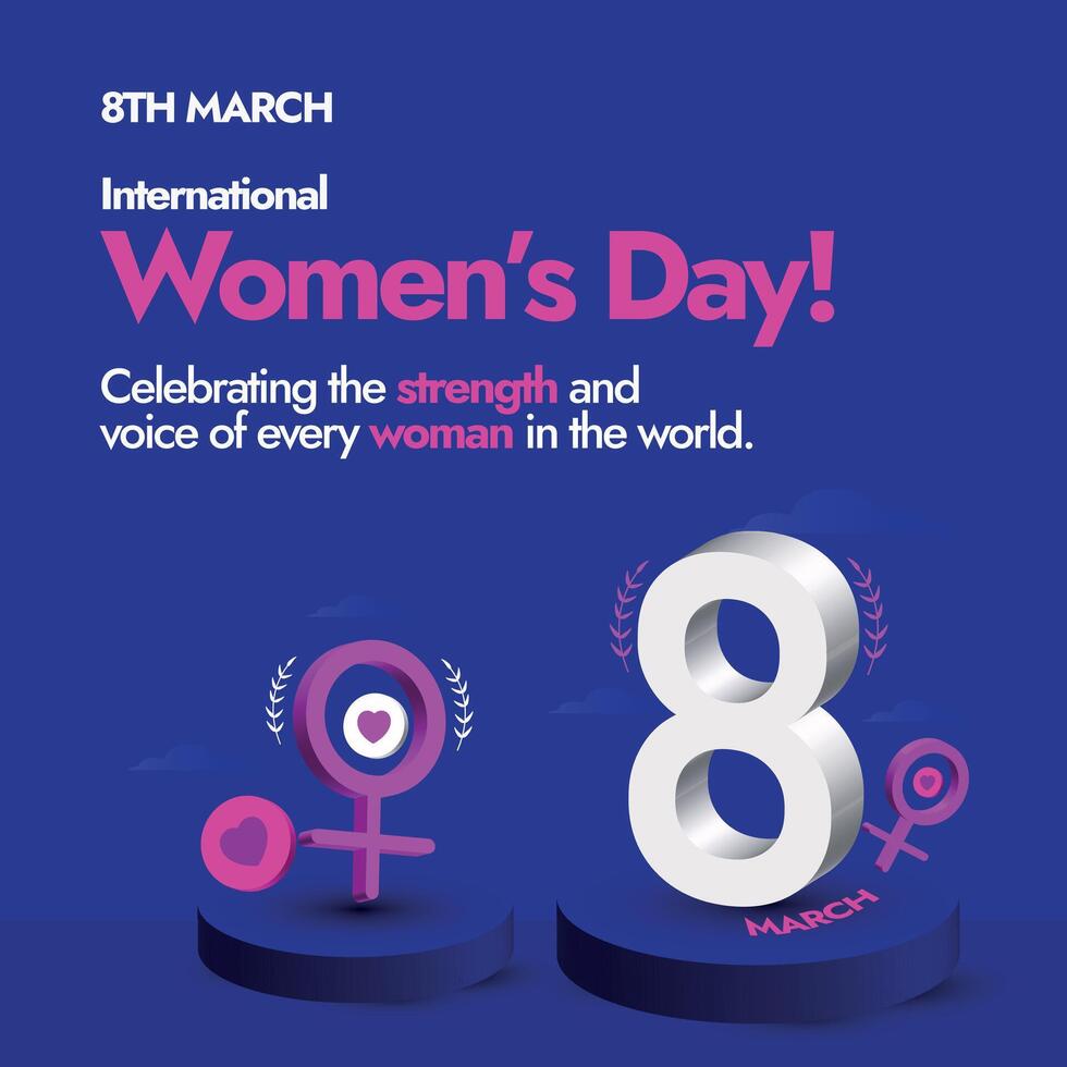 vrouwen dag. 8e maart, Internationale vrouwen dag viering banier in donker Purper kleur achtergrond met 8 aantal icoon en Dames symbool. vieren vrouwen sterkte en prestatie. vector