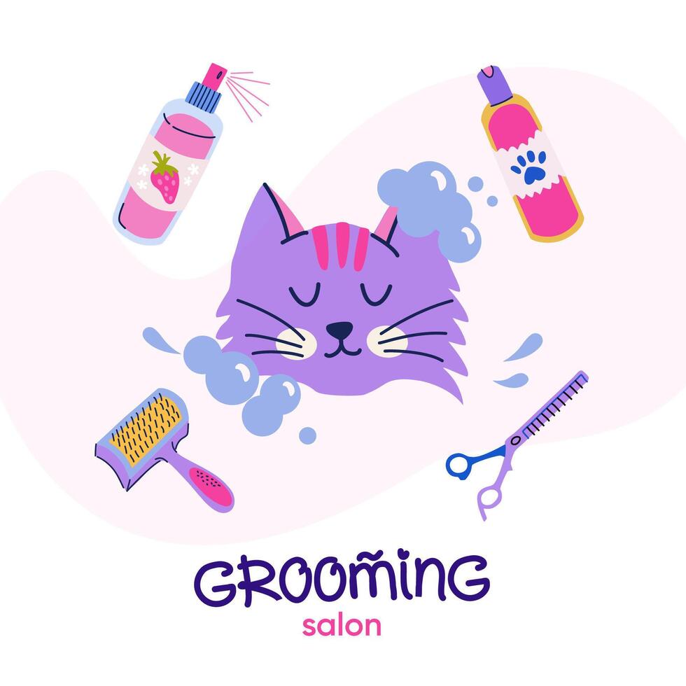 uiterlijke verzorging salon. schattig het baden kat in vlak tekenfilm stijl. gelikter borstel, mengen schaar, shampoo voor huisdier poetsen. vector logo ontwerp met handgeschreven typografie voor branding, banier, ansichtkaart