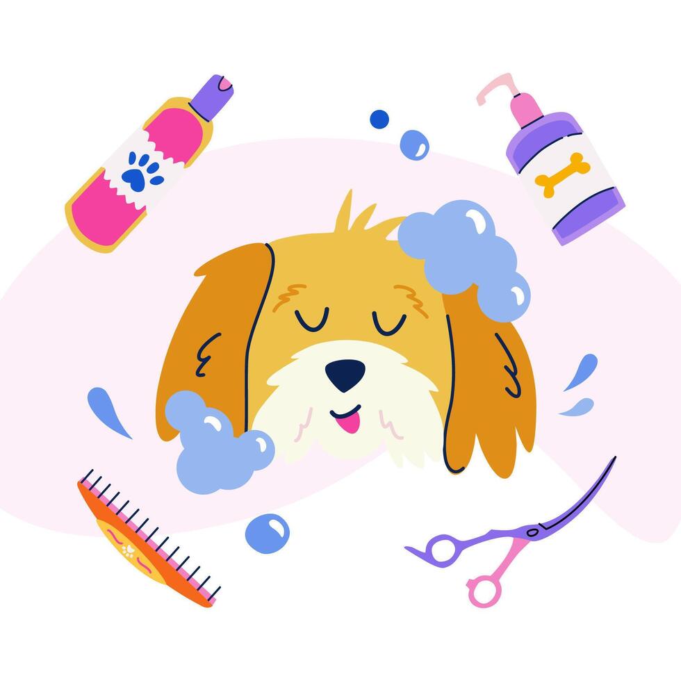 huisdier uiterlijke verzorging concept. schattig het baden hond in zeepachtig schuim. gebogen schaar, hond shampoo, jas conditioner. vlak tekenfilm vector kader voor na, banier, poster, ansichtkaart