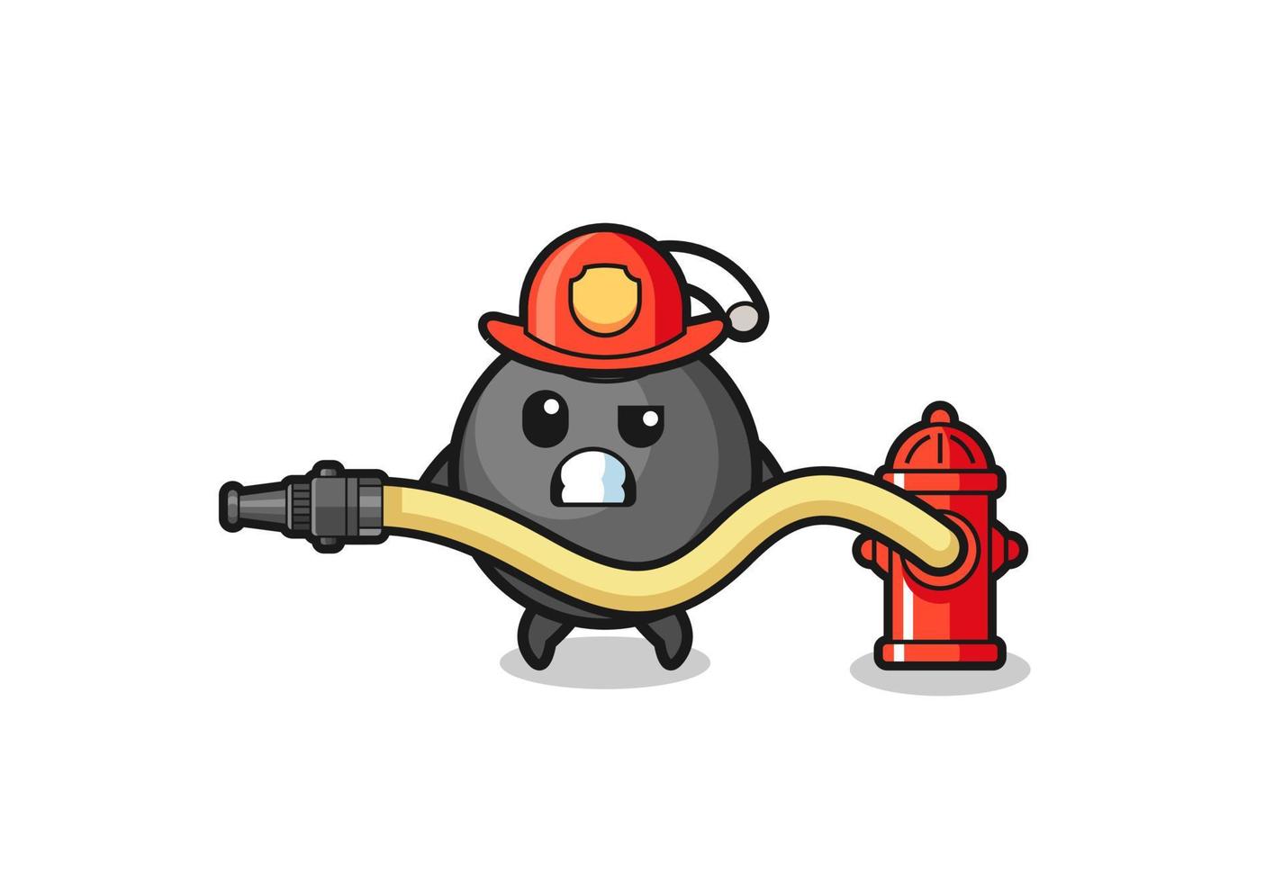 bom cartoon als brandweerman mascotte met waterslang vector