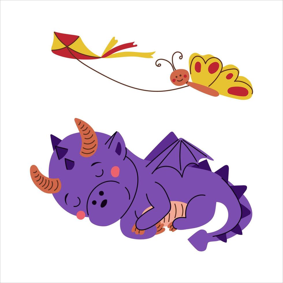 schattig uitglijden hand- getrokken draak baby met vlinder en vlieger. vector kinderen illustratie in kawaii tekenfilm stijl. modieus illustratie voor sticker, decoratie. symbool van de jaar