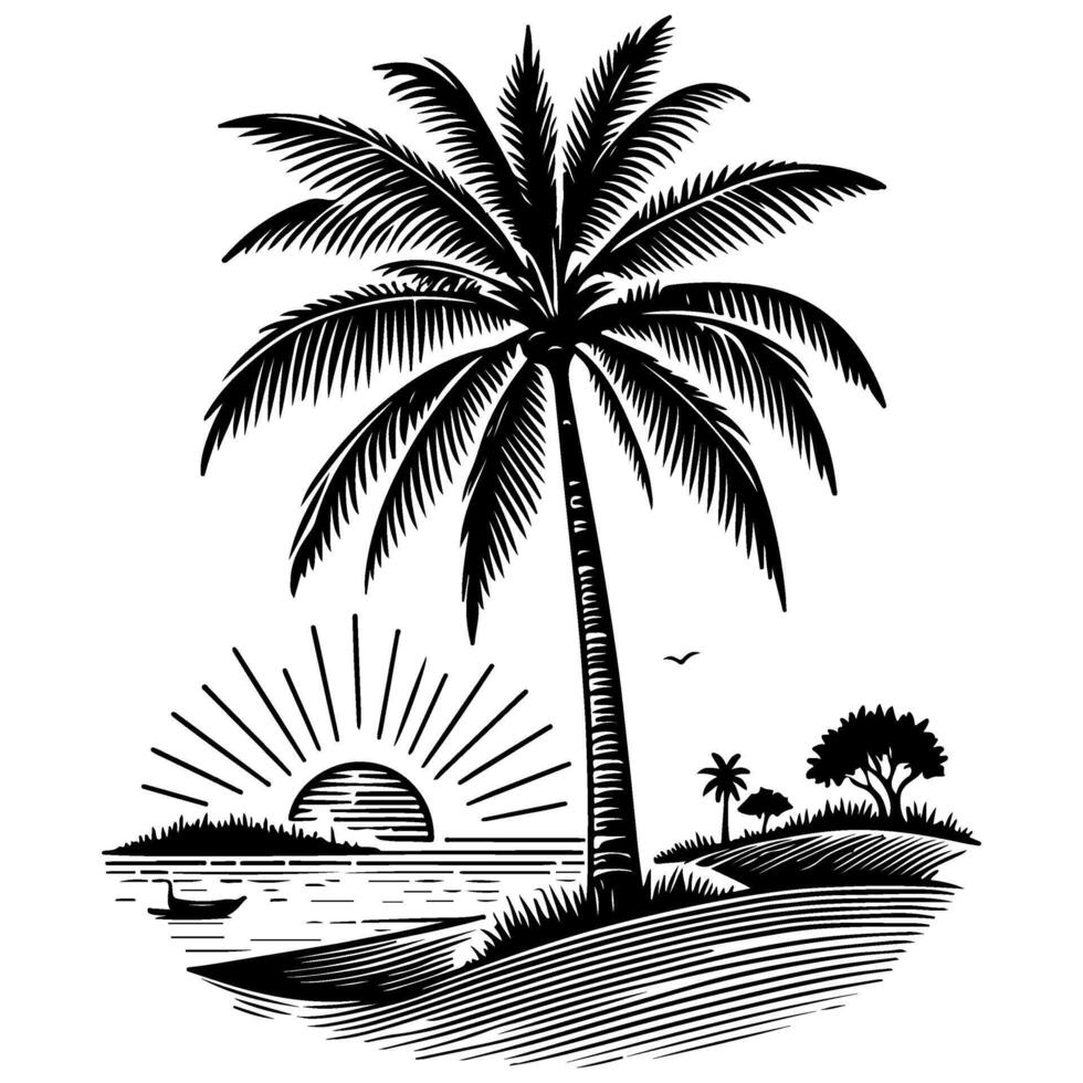 palm of kokosnoot tropisch boom silhouet, hand- tekening zwart lijn tekening schetsen stijl vector illustratie