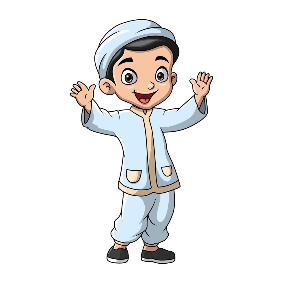 schattig gelukkig moslim jongen tekenfilm vector