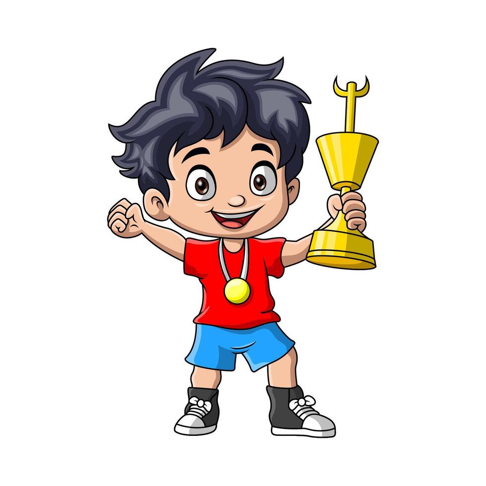 schattig weinig jongen tekenfilm Holding goud trofee vector