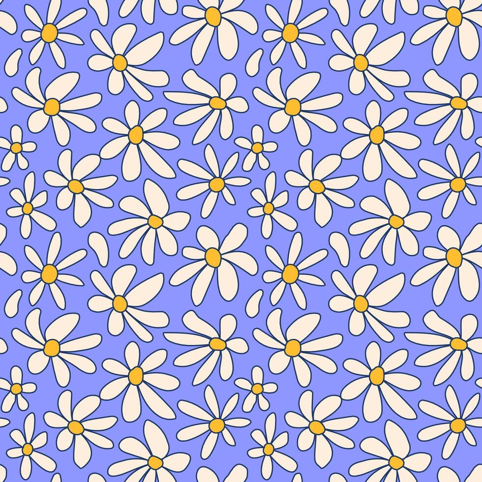 abstract groovy bloemen hippie naadloos patronen. kleurrijk schets vervormd madeliefje bloemen lila achtergrond in modieus retro stijl. vector illustratie