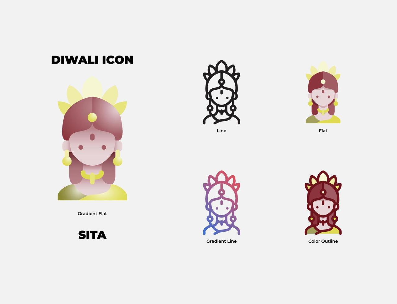 diwali karakter sita icon set vector