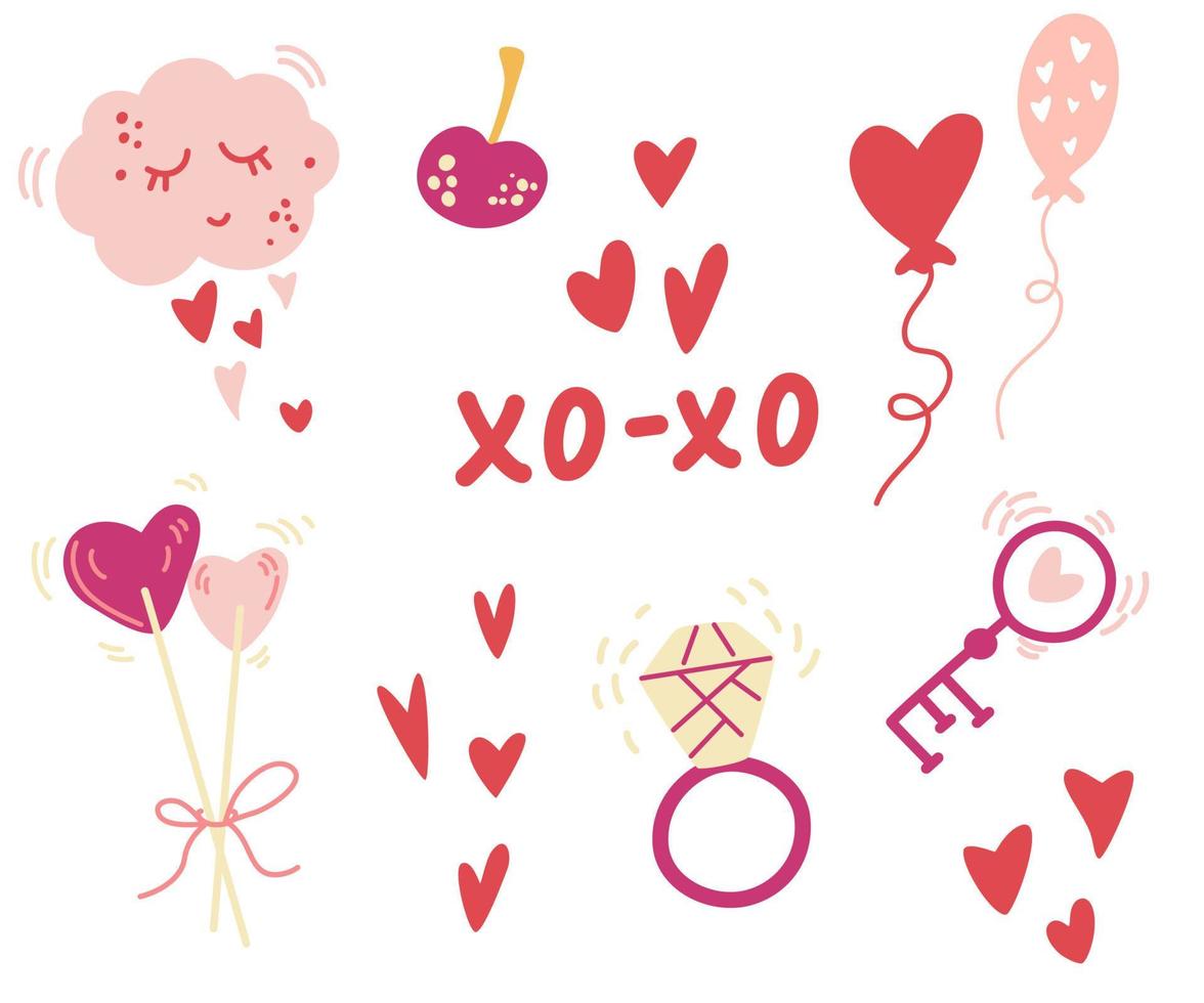 romantische elementen voor Valentijnsdag. snoepjes, lolly's, wolken, hartjes, ringen, ballen en sleutel. vectorillustraties voor uitnodigingen, stickers, wenskaarten, enz vector