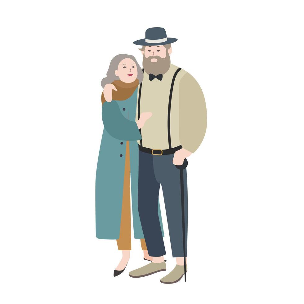 paar van oud Mens en vrouw gekleed in elegant kleren hartelijk omarmen elk ander. lief tekenfilm tekens geïsoleerd Aan wit achtergrond. concept van liefhebbend familie. vector vlak illustratie.