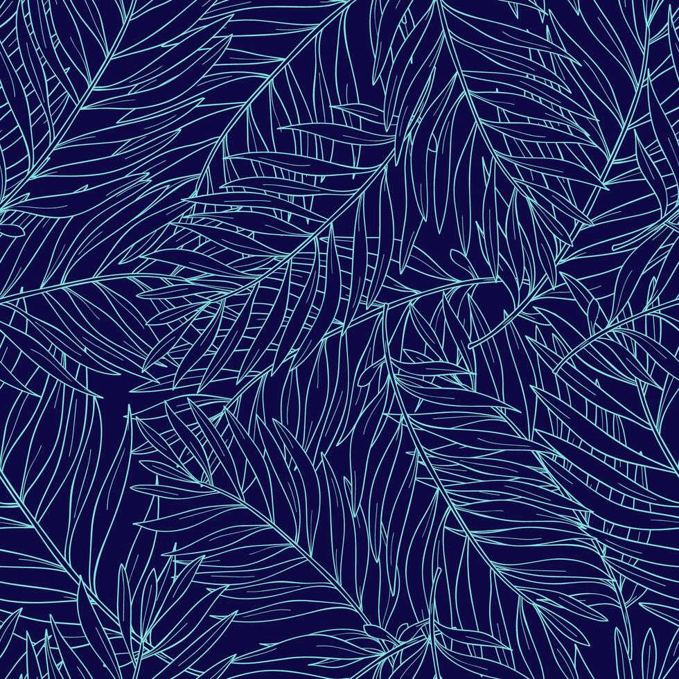 botanisch naadloos patroon met schets van tropisch palm bladeren hand- getrokken Aan donker blauw achtergrond. dik gebladerte van exotisch boom groeit in oerwoud. vector illustratie voor textiel afdrukken, behang.