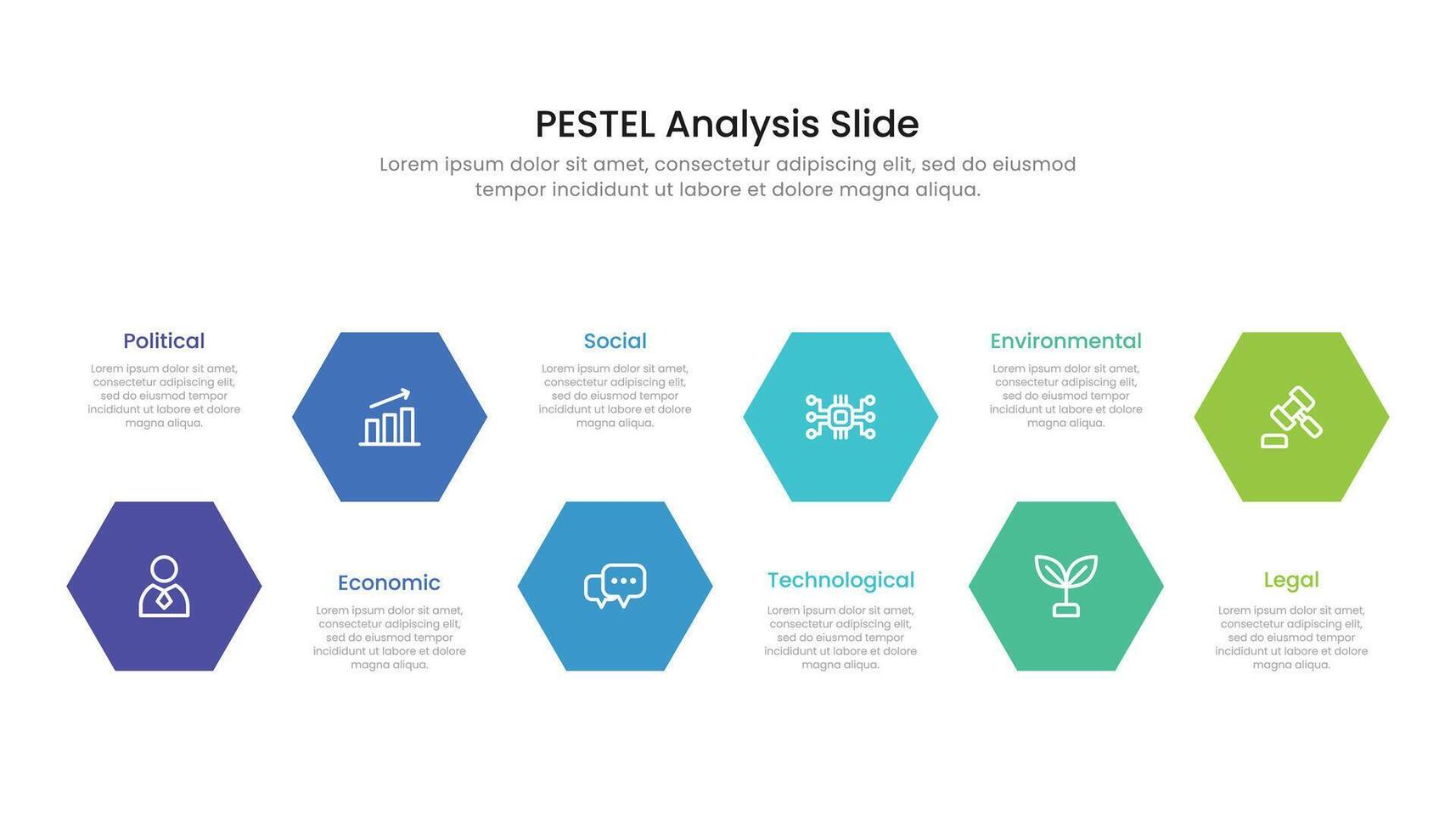 zeshoek pestel analyse glijbaan infographic met pictogrammen vector