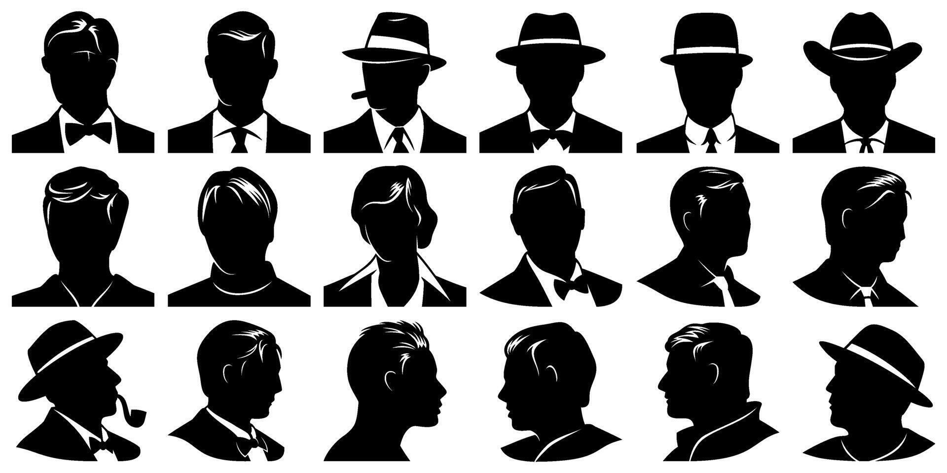 Mens silhouet portretten voor avatars, lid profielen. vector cliparts geïsoleerd Aan wit.