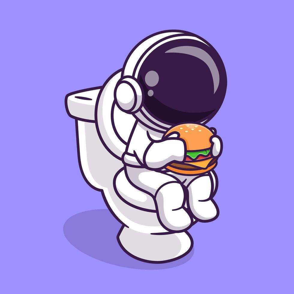 schattig astronaut aan het eten hamburger in toilet tekenfilm vector icoon illustratie. wetenschap voedsel icoon concept geïsoleerd premie vector. vlak tekenfilm stijl
