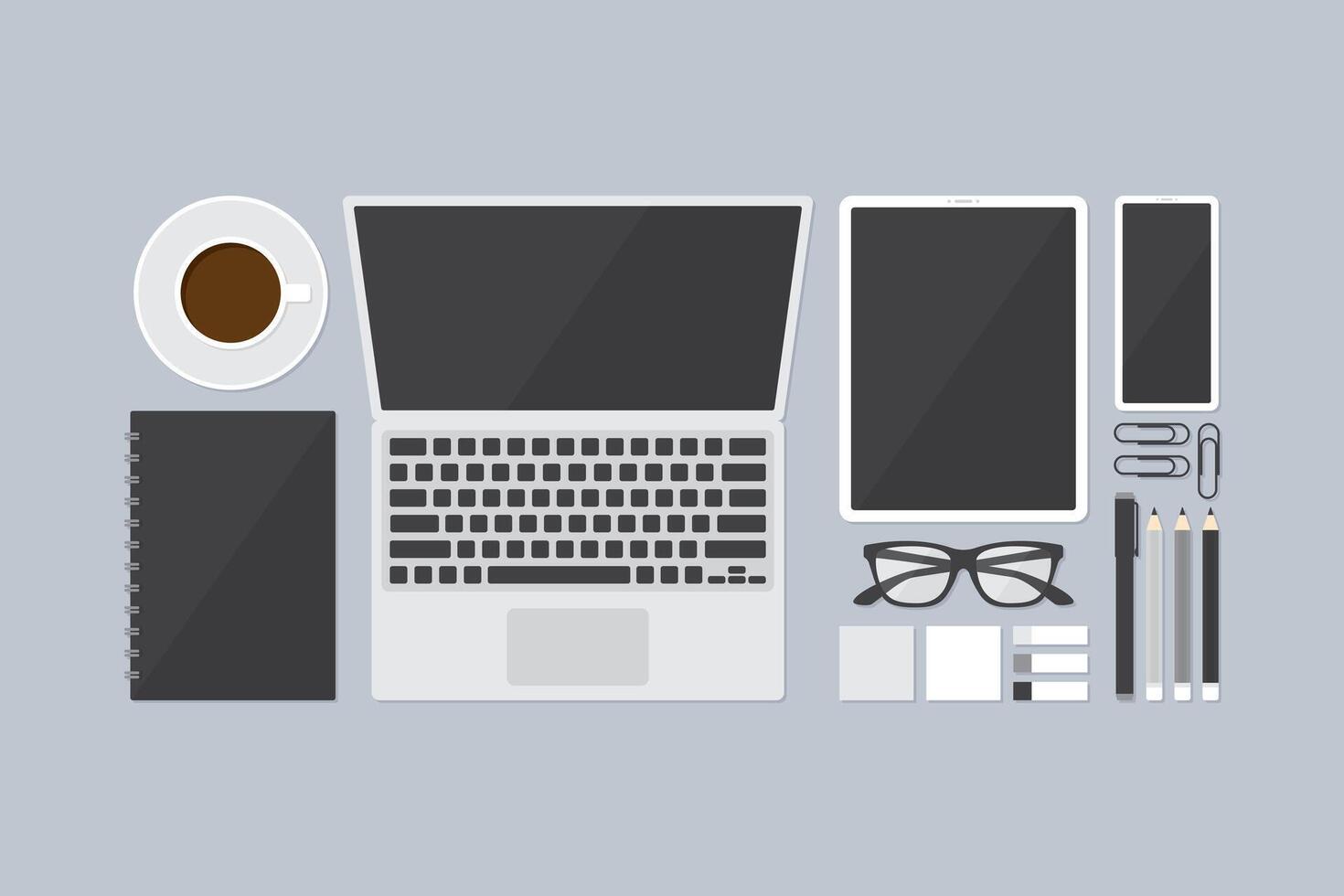 vlak ontwerp vector illustratie van kantoor benodigdheden inclusief notitieboekje, laptop computer, tablet, smartphone en briefpapier. bedrijf concept.