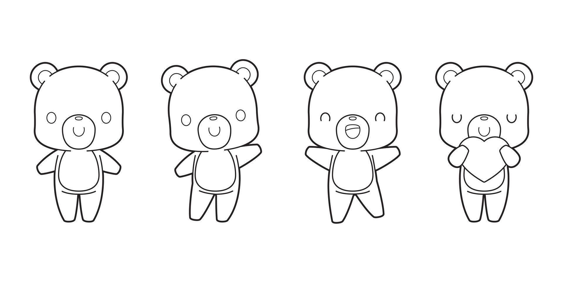 reeks van schattig beer tekenfilm schets tekening voor kinderen kleur boek. kawaii vector illustratie.