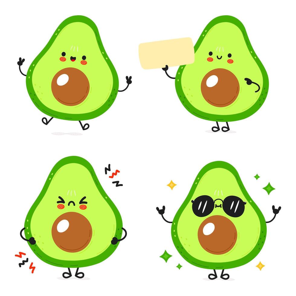 grappig avocado tekens bundel set. vector hand- getrokken tekening stijl tekenfilm karakter illustratie icoon ontwerp. schattig avocado mascotte karakter verzameling