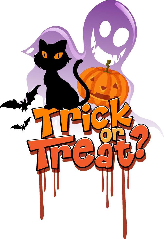 trick or treat-woord met halloween kattenlogo vector