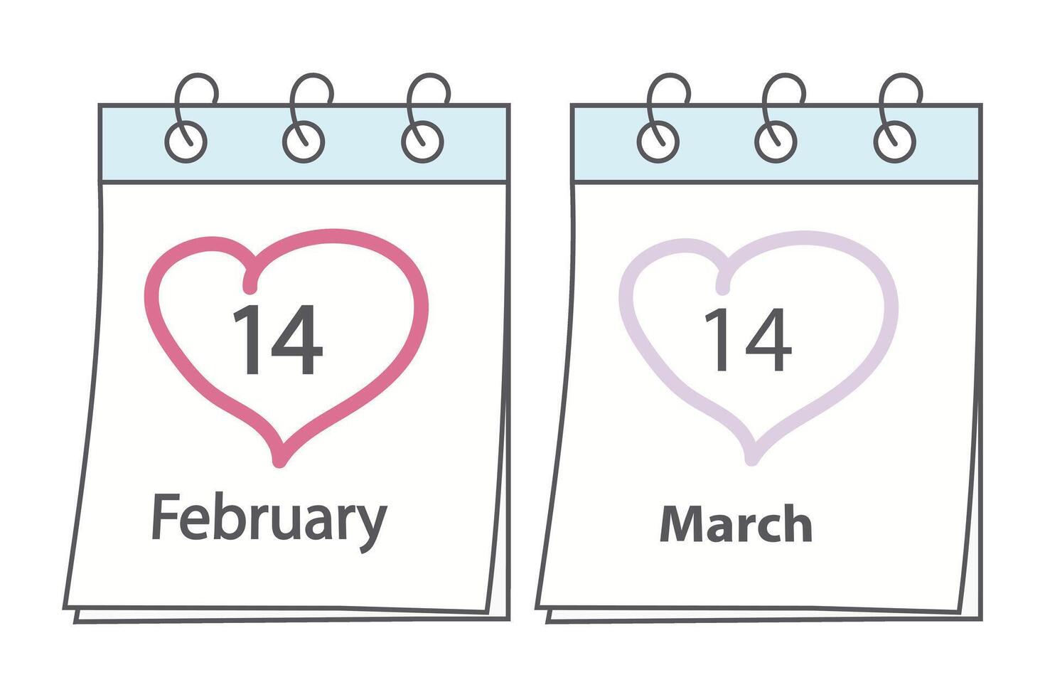 kalender Pagina's met 14 februari en 14 maart datum. ontwerp concept voor valentijnsdag dag en wit dag vector