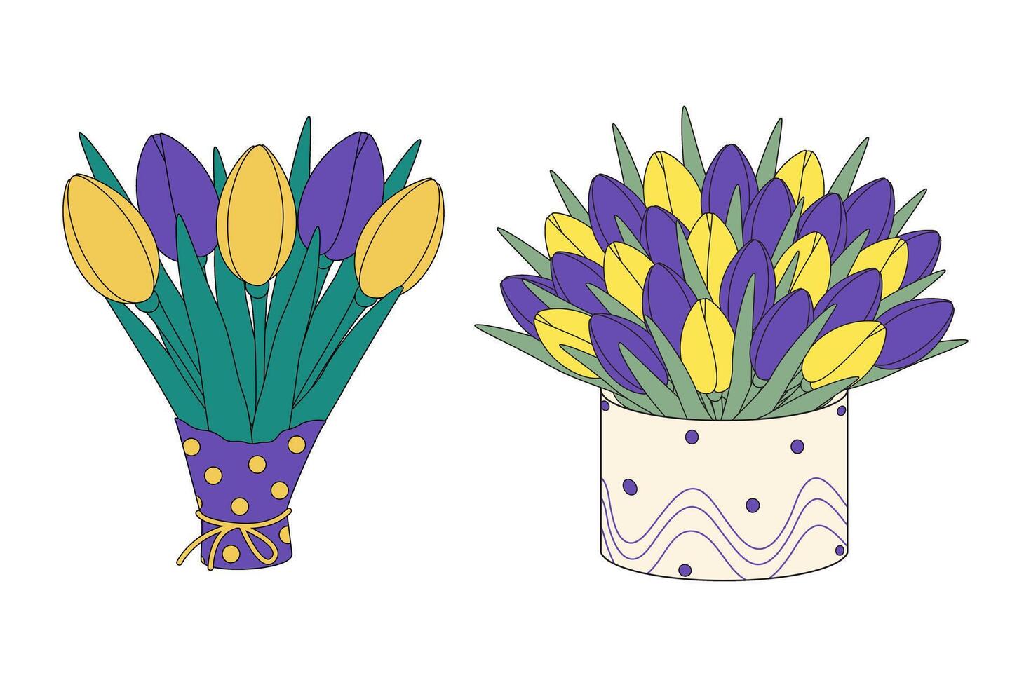 reeks 2 tulpen boeketten in omhulsel papier en doos. ontwerp elementen voor lente groeten of kaarten vector