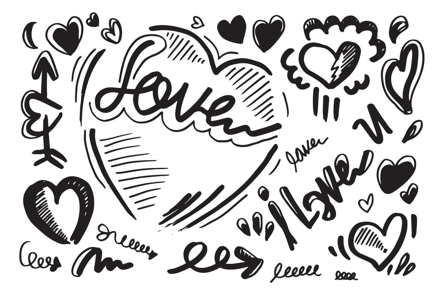 hand- getrokken liefde en harten krabbels, vector illustratie.