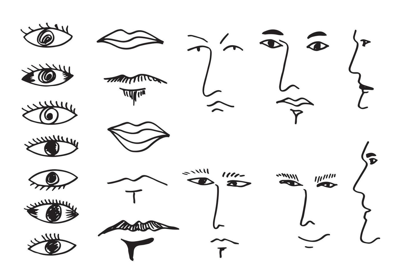 reeks van tekening ogen, gezicht en mond. vector zwart en wit pictogrammen.