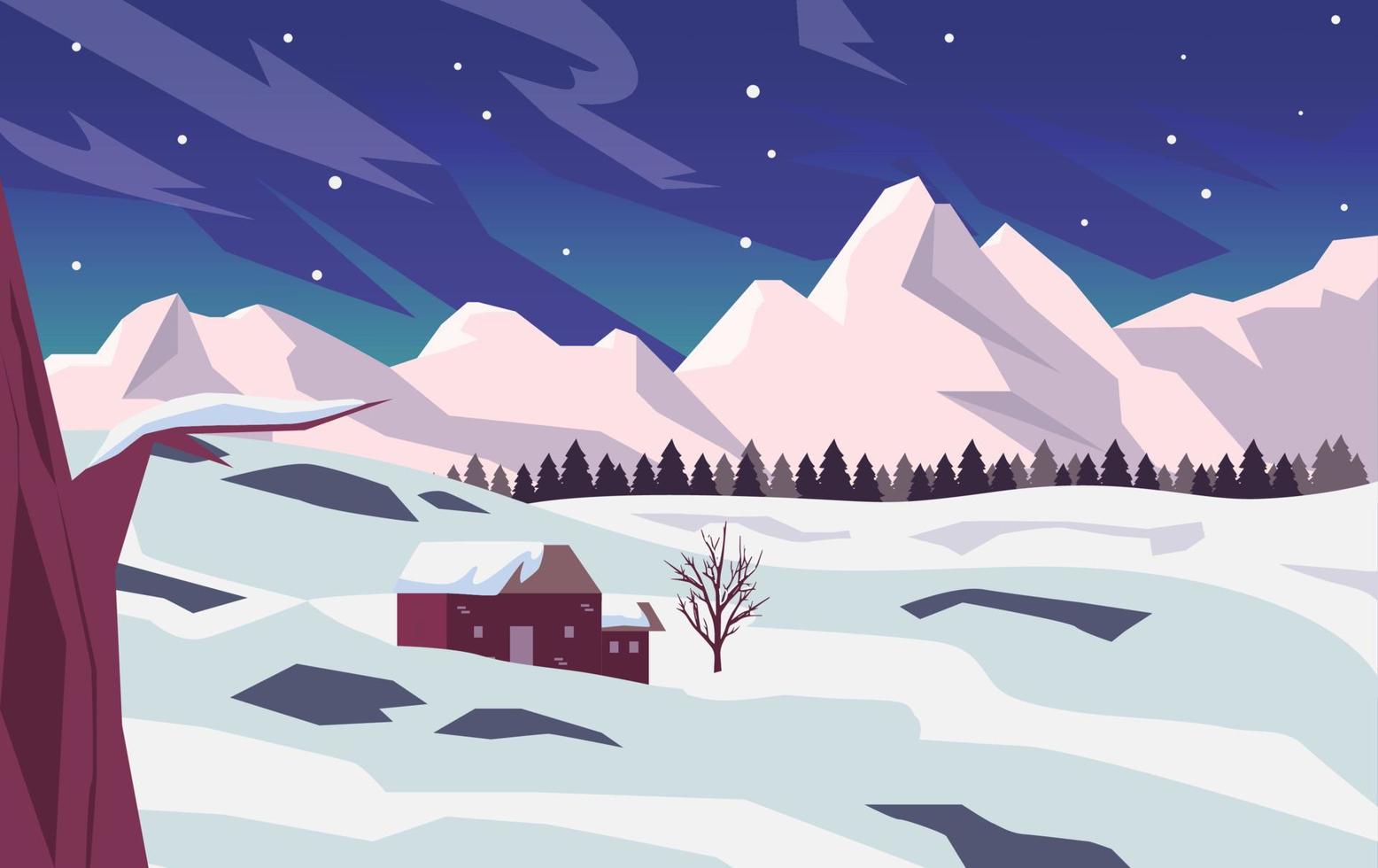 prachtig landschap van natuurlandschap in de winter met sneeuw, bos, bergen en hut. banner achtergrond vectorillustratie vector