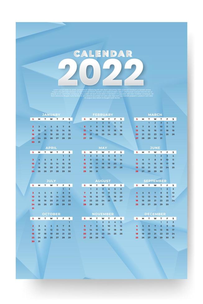 maandelijkse kalendersjabloon voor 2022 jaar. week begint op zondag. wandkalender in een minimalistische stijl. vector