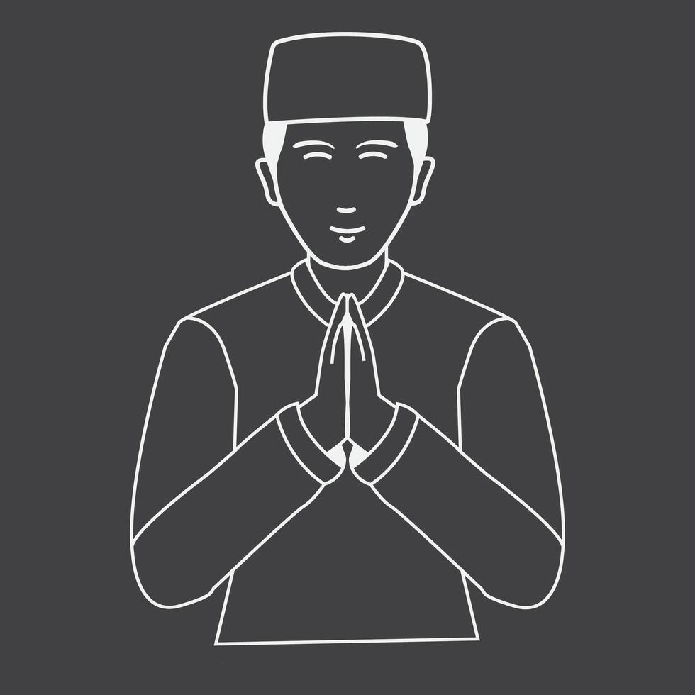 moslim Mens Welkom houding in zwart en wit of grijswaarden kleur achtergrond. schets mensen tekenfilm illustratie van vector icoon.