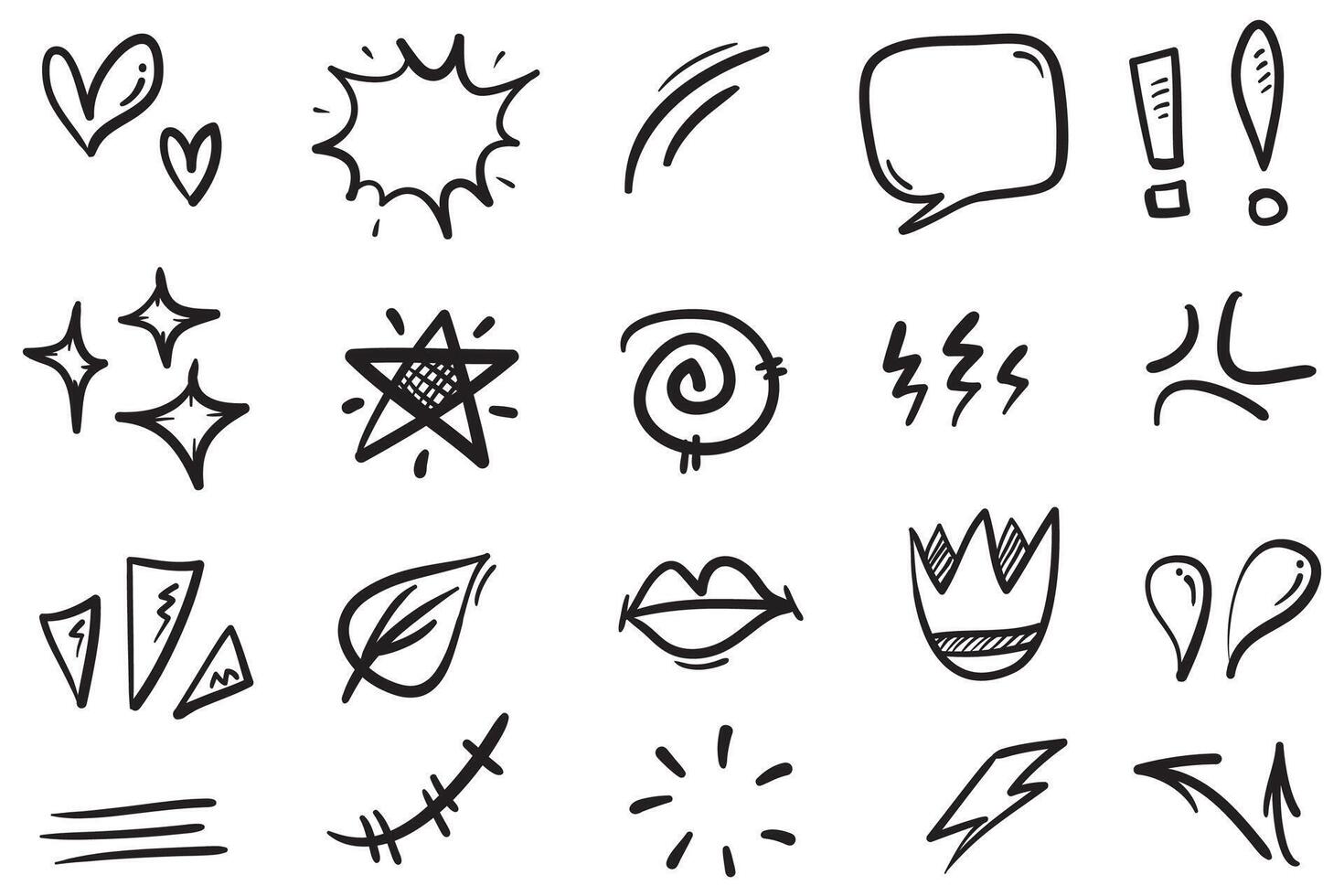 vector set handgetekende cartoony expressie teken doodle, kromme richtingspijlen, emoticon effecten ontwerpelementen, cartoon karakter emotie symbolen, schattige decoratieve penseelstreek lijnen.