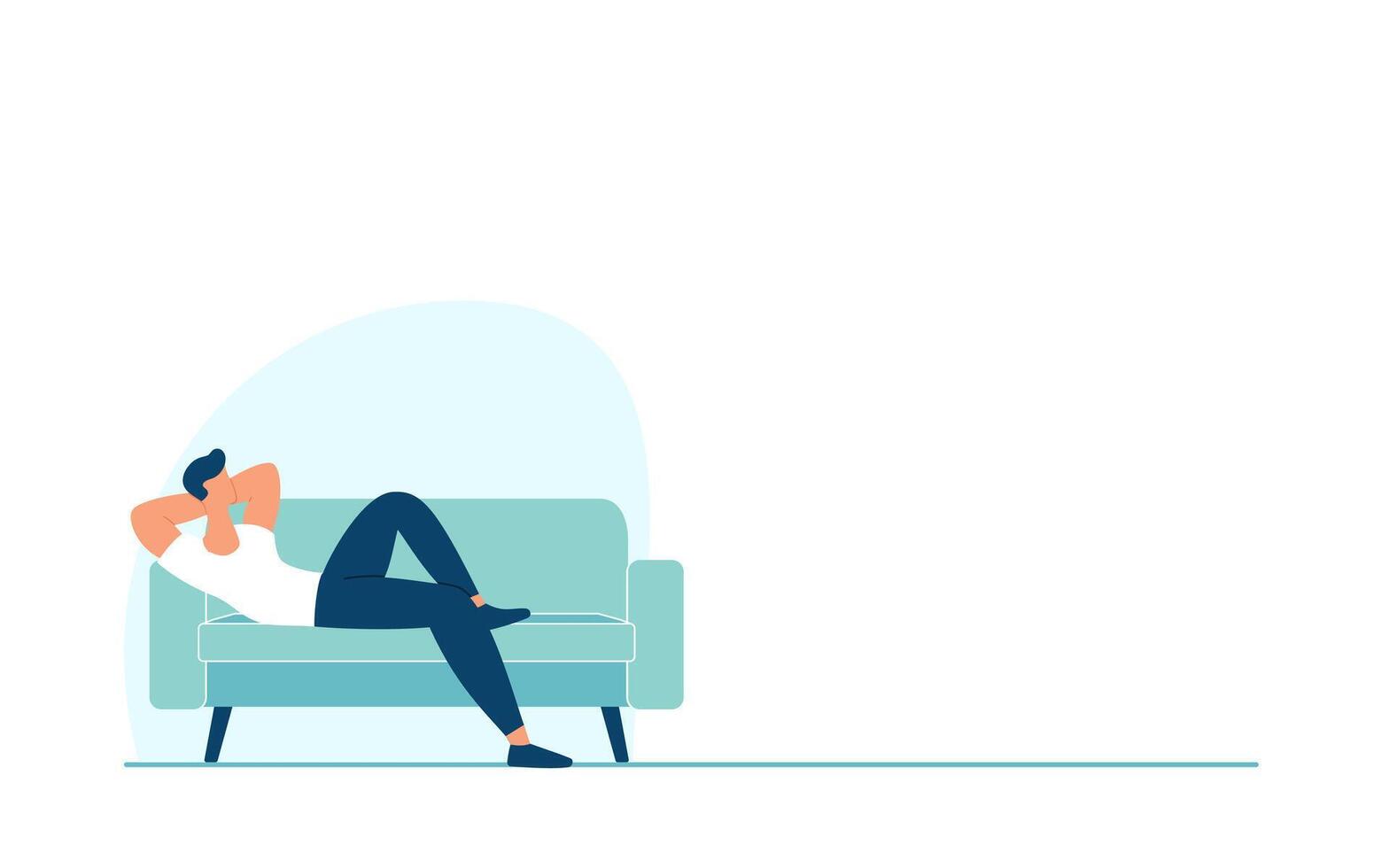 karakter aan het liegen Aan sofa en ontspannend, ontspannen Mens in bank. rusten, lui dag, weekend. uitstelgedrag concept. gelukkig dromen. modieus vlak vector illustratie.