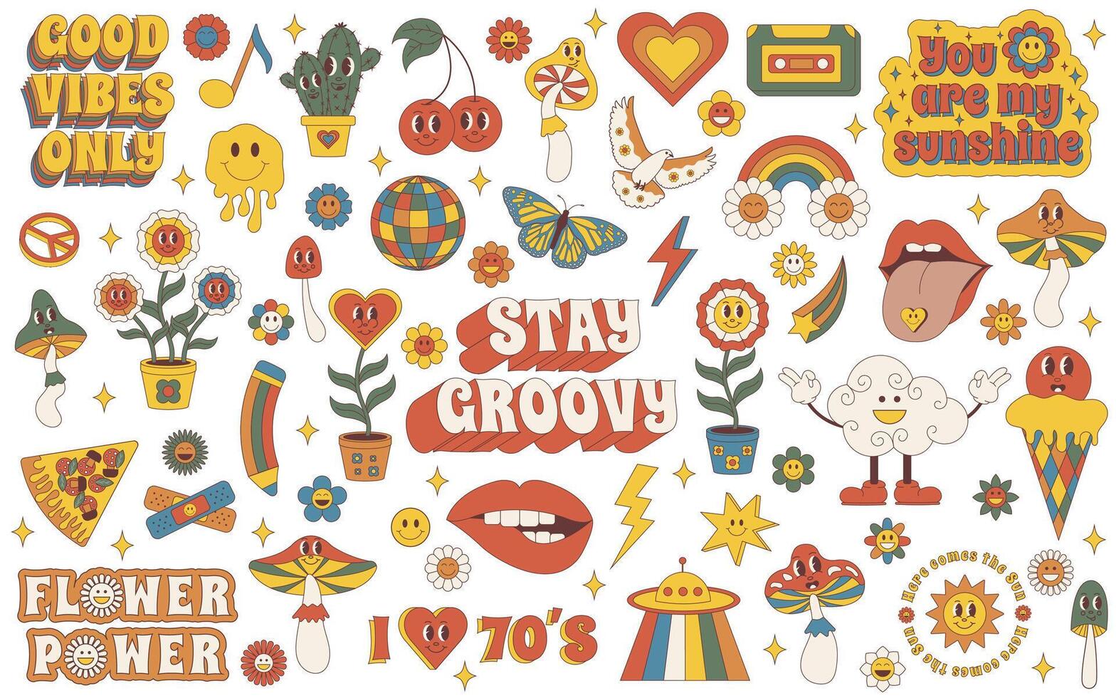 groovy set. groovy hippie jaren 70 set. sticker pak in modieus retro psychedelisch tekenfilm stijl. geïsoleerd vector illustratie.