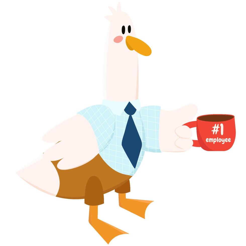 schattig gans slijtage overhemd en stropdas, en houden een kop van c koffie tijd. gebruikt voor groet kaart, en poster ontwerp. vector