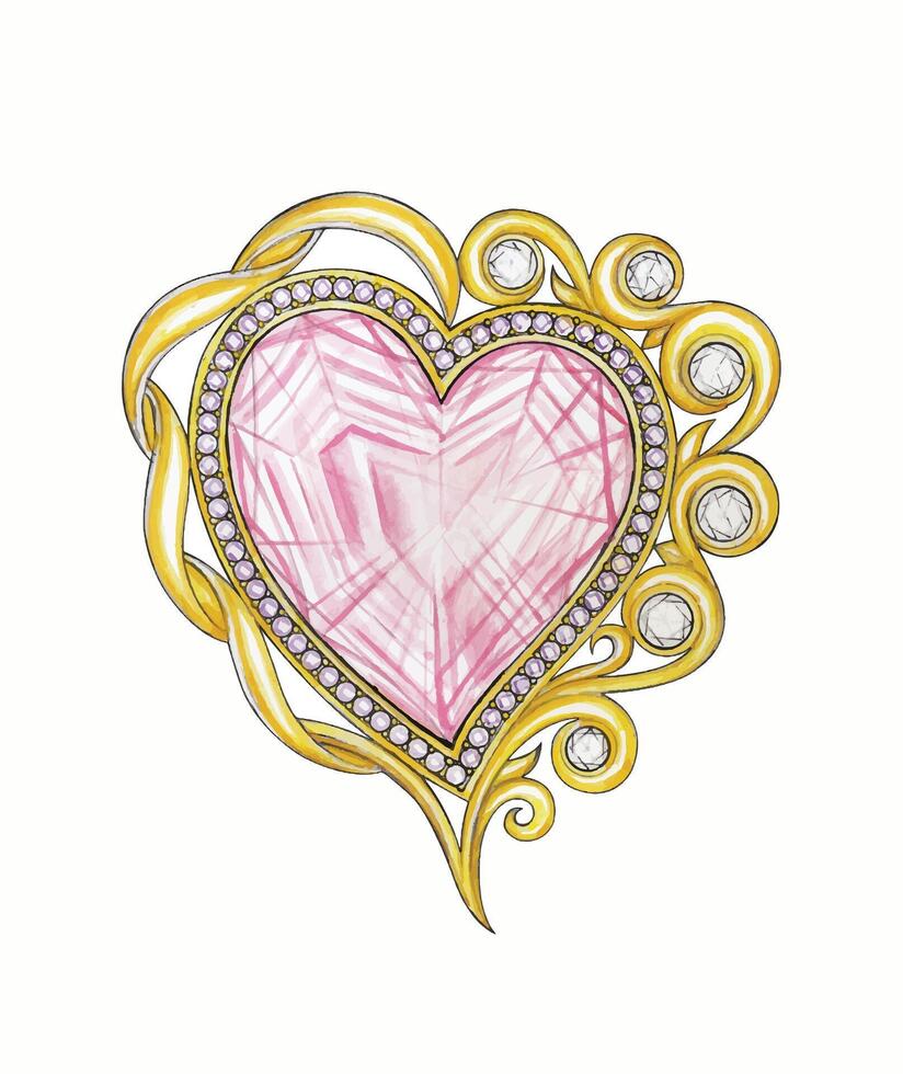 Valentijnsdag dag liefde hart sieraden ontwerp roze saffier amethist en diamant reeks met modern wijnoogst goud door hand- schilderij Aan papier. vector