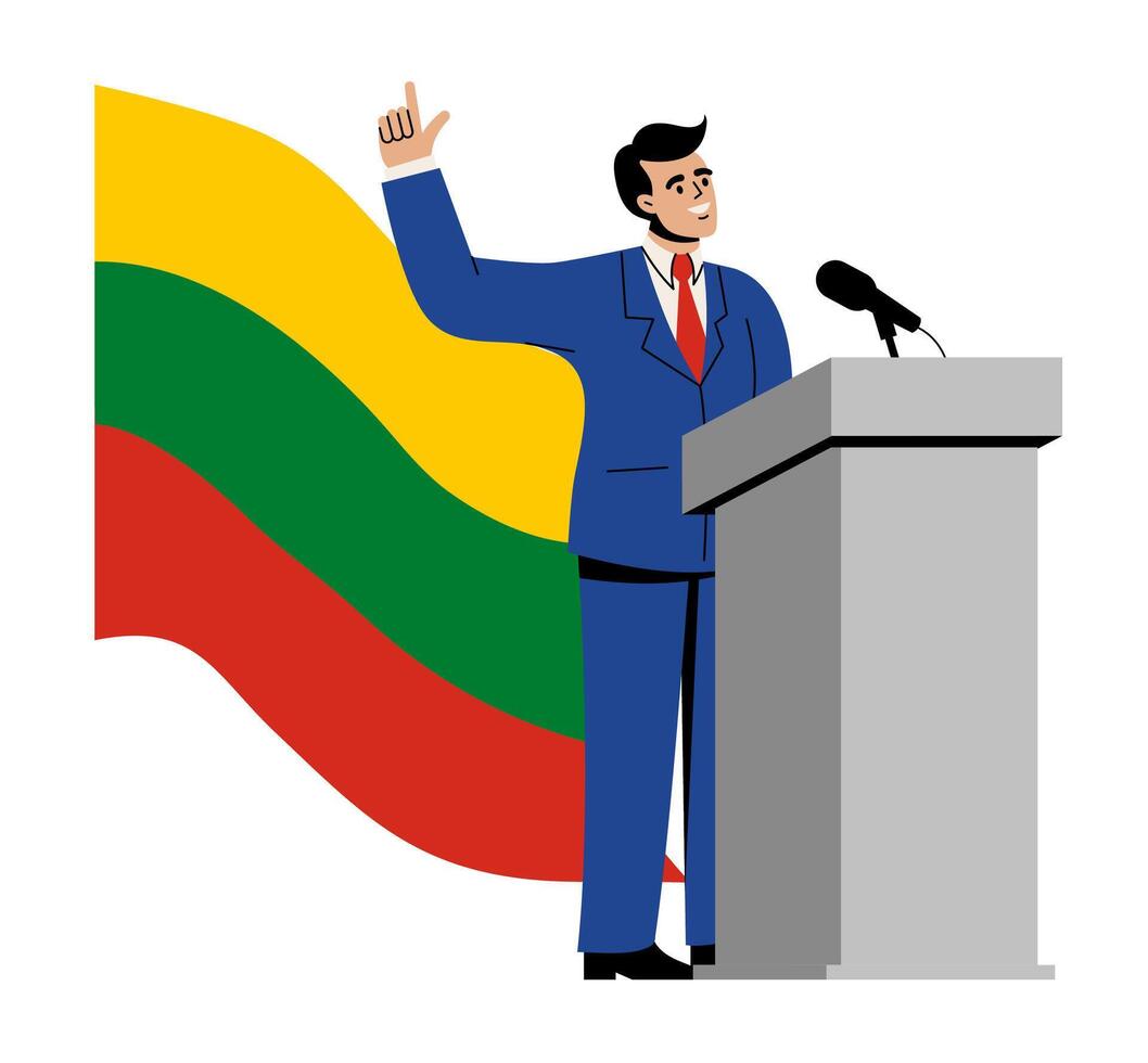 de president van Litouwen duurt de eed van kantoor. een Mens in een pak staat met de vlag van Litouwen. vector illustratie