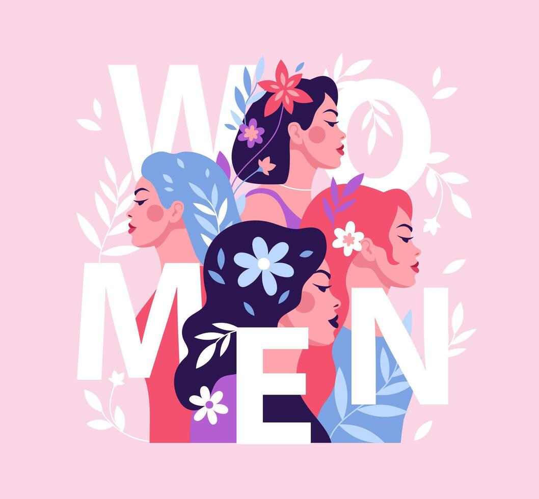 mooi Dames met bloemen in hun haar. kant visie van de meisjes. Internationale vrouwen dag. gelijkheid en feminisme vector