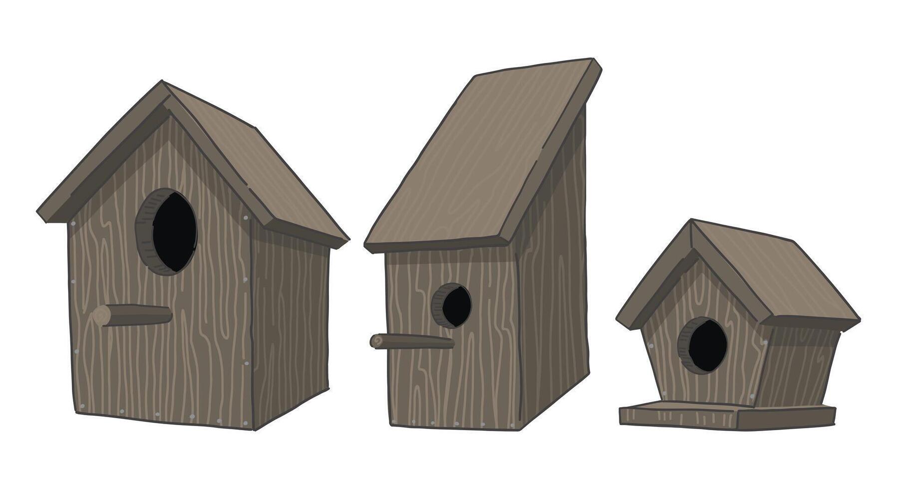 houten vogel huizen clip art set. voorjaar tijd doodles verzameling. vector illustratie in tekenfilm stijl geïsoleerd Aan wit.