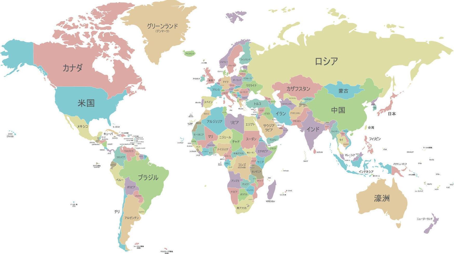 politiek wereld kaart vector illustratie geïsoleerd Aan wit achtergrond met land namen in Japans. bewerkbare en duidelijk gelabeld lagen.