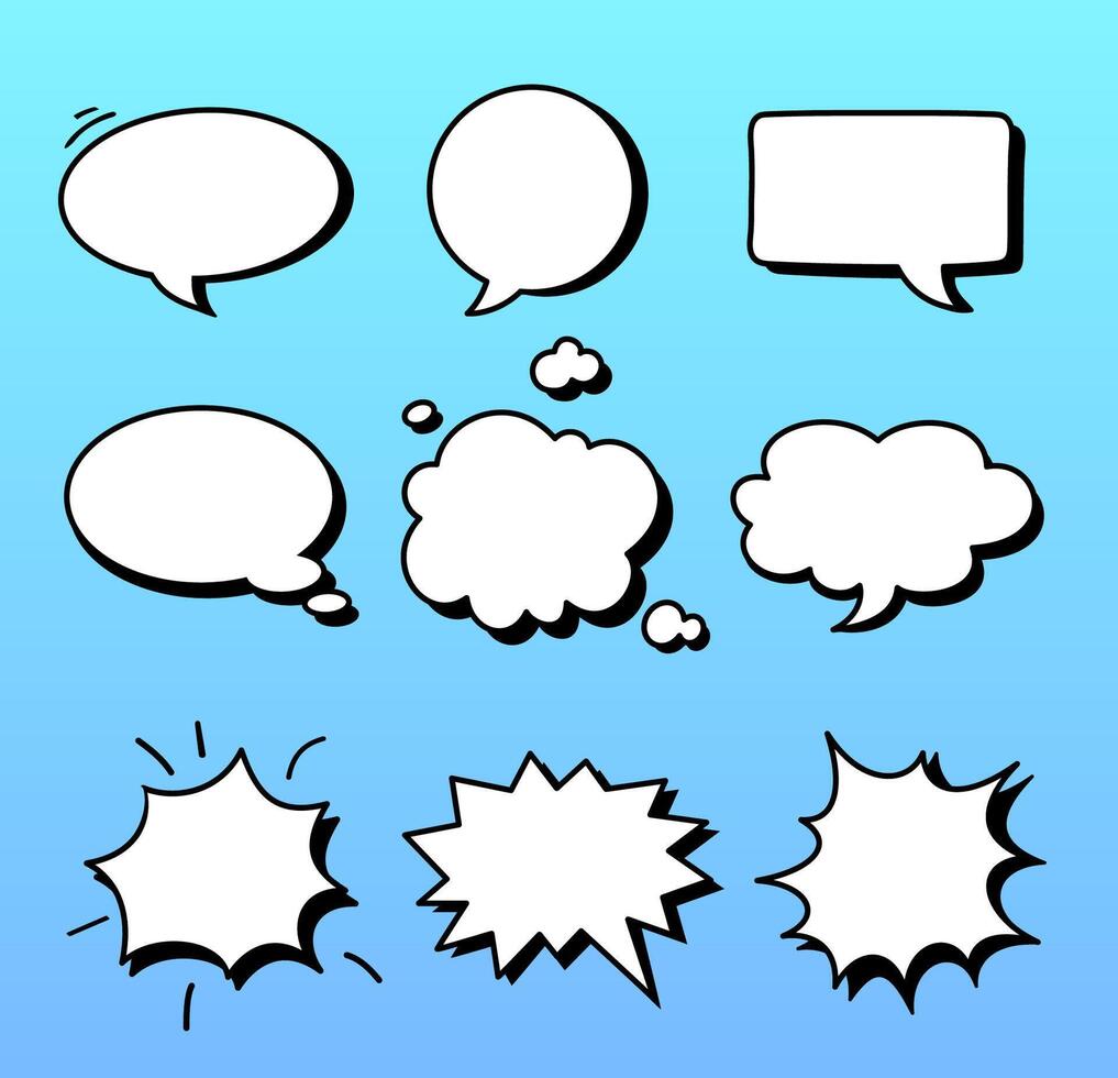 toespraak bubbels pictogrammen reeks voor strips. uitroepen wolken tekenfilm illustraties. vector illustraties verzameling. tekenfilm woorden ballonnen voor grappig boek