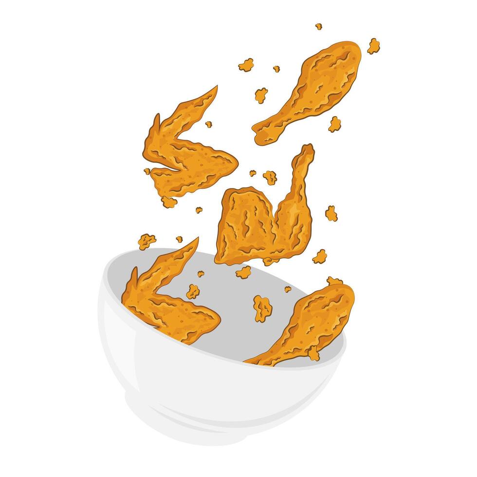 vector illustratie van levitatie van krokant gebakken kip in een kom