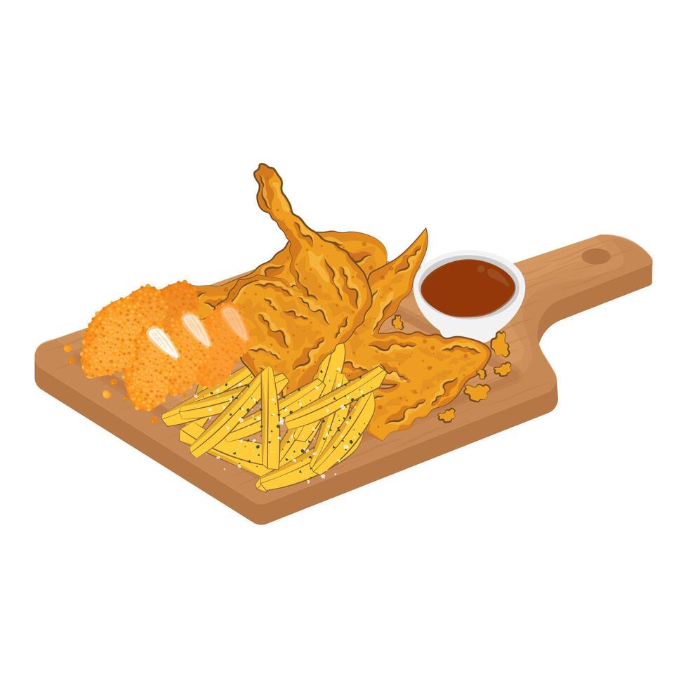 snel voedsel vector illustratie logo gebakken kip Patat en klompjes