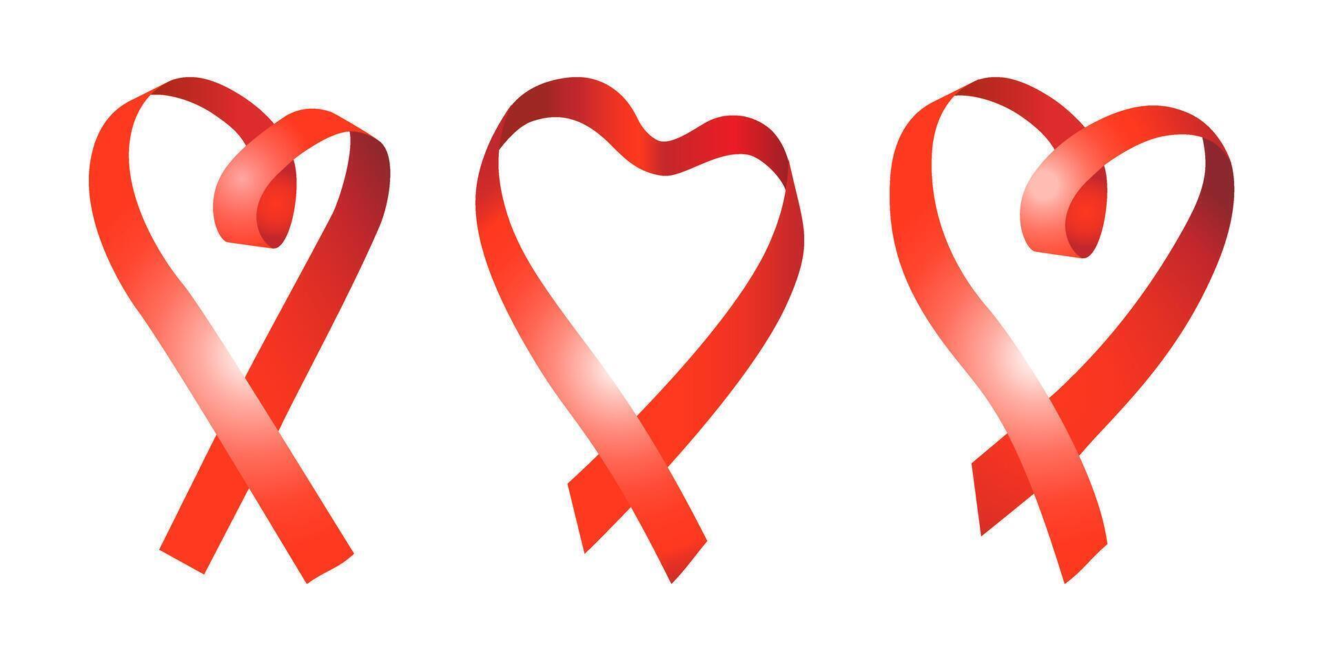 reeks van rood satijn geschenk linten. hart van rood lint geïsoleerd Aan wit achtergrond. Valentijnsdag dag of geneeskunde elementen. vector illustratie voor decoratie groet kaart, moeder dag, wereld AIDS dag.