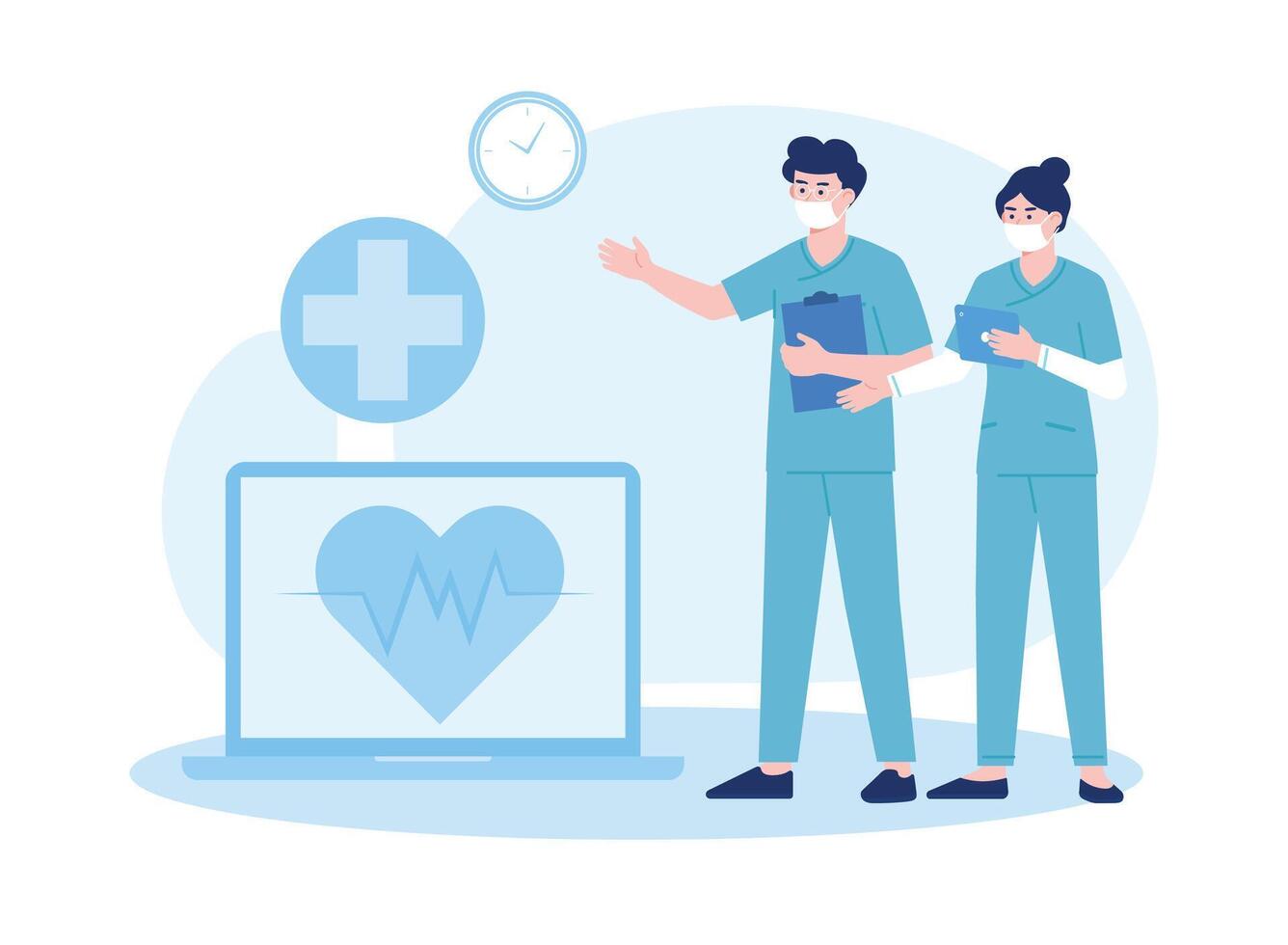 twee verpleegster dokter cheques de geduldig hart Gezondheid concept vlak illustratie vector