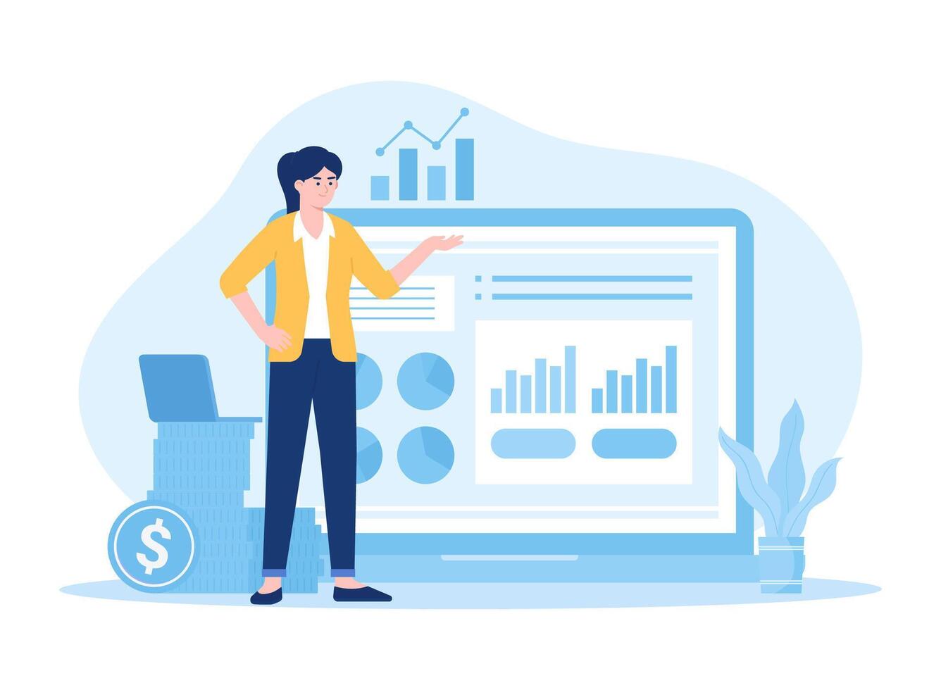 medewerkers werken en analyseren succes en stapels van munten concept vlak illustratie vector