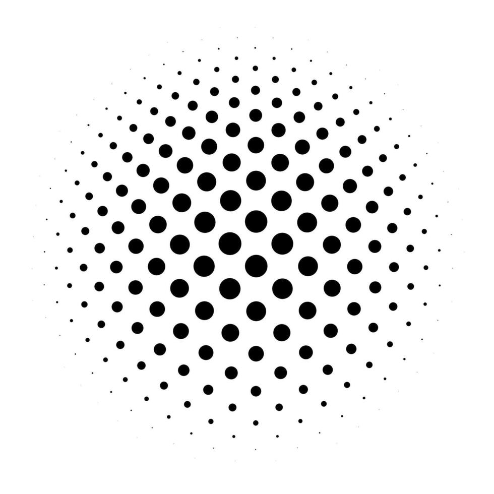 halftone dots in radiaal verloop. uitstulping gebied. raster industrieel. vector illustratie.