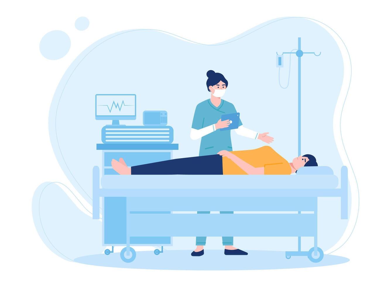 vrouw verpleegster bezoeken ziek persoon aan het liegen in bed in ziekenhuis concept vlak illustratie vector