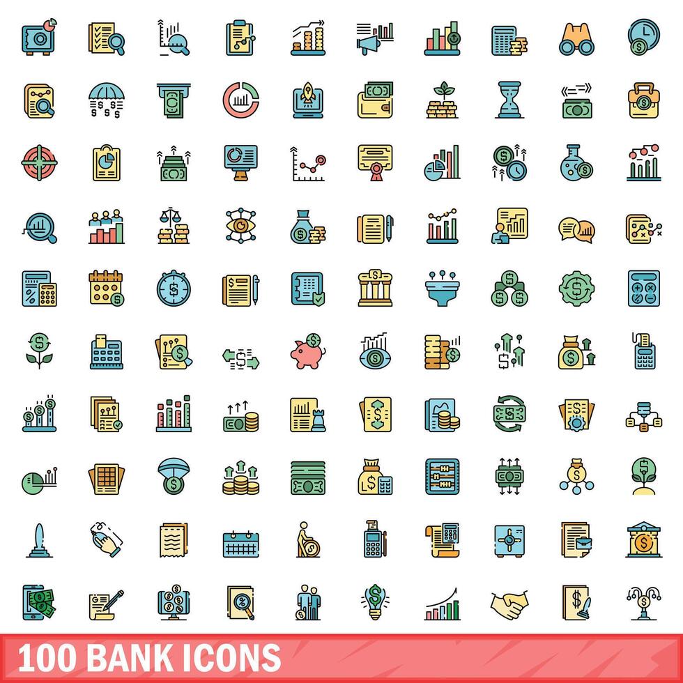 100 bank pictogrammen set, kleur lijn stijl vector