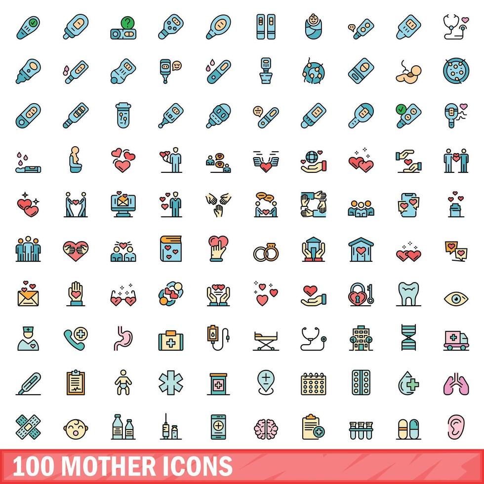 100 moeder pictogrammen set, kleur lijn stijl vector