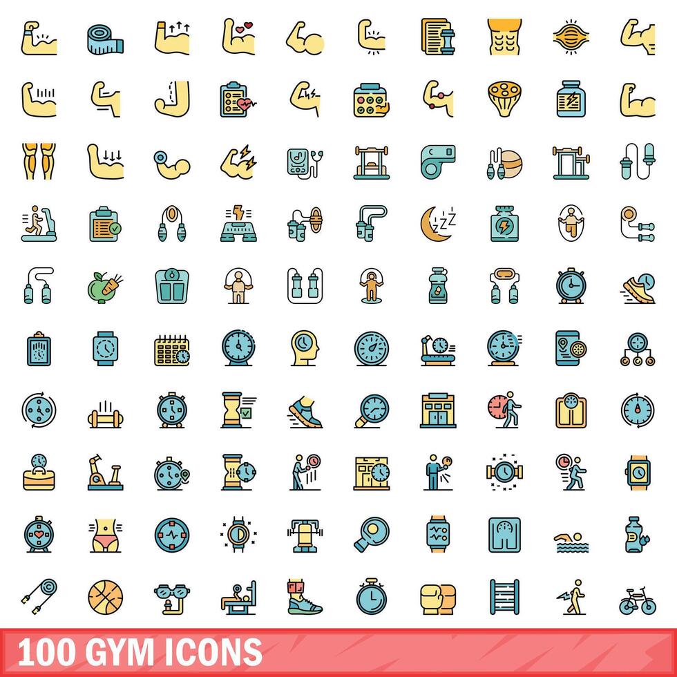 100 Sportschool pictogrammen set, kleur lijn stijl vector